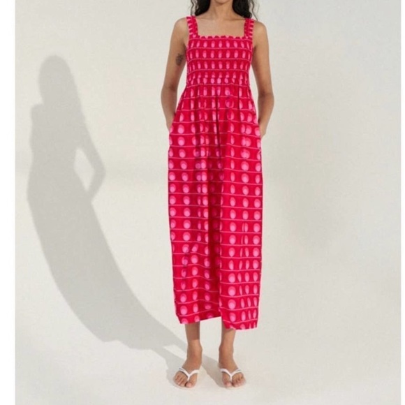 Zara Printed Midi Dress Smocking Poplin Cotton Fuchsia New - Picture 2 of 3